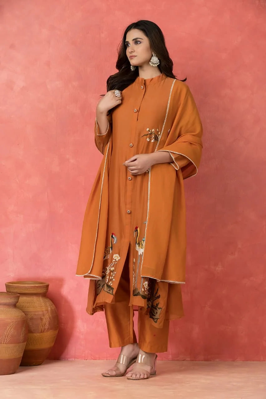 Orange Embroidered Kurta Set With Mul Chanderi Dupatta