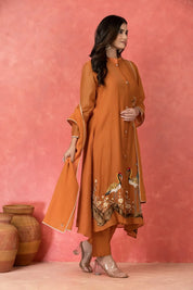 Orange Embroidered Kurta Set With Mul Chanderi Dupatta