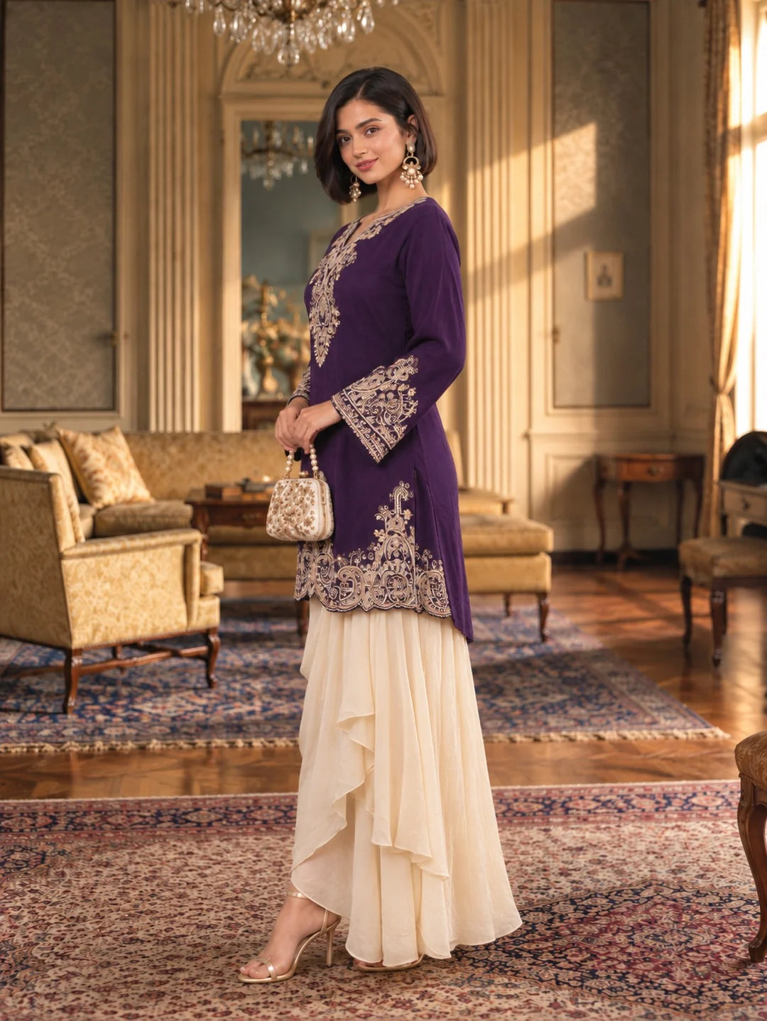 Violet Sequin Embroidered Fusion 2-Piece Set in Chinon