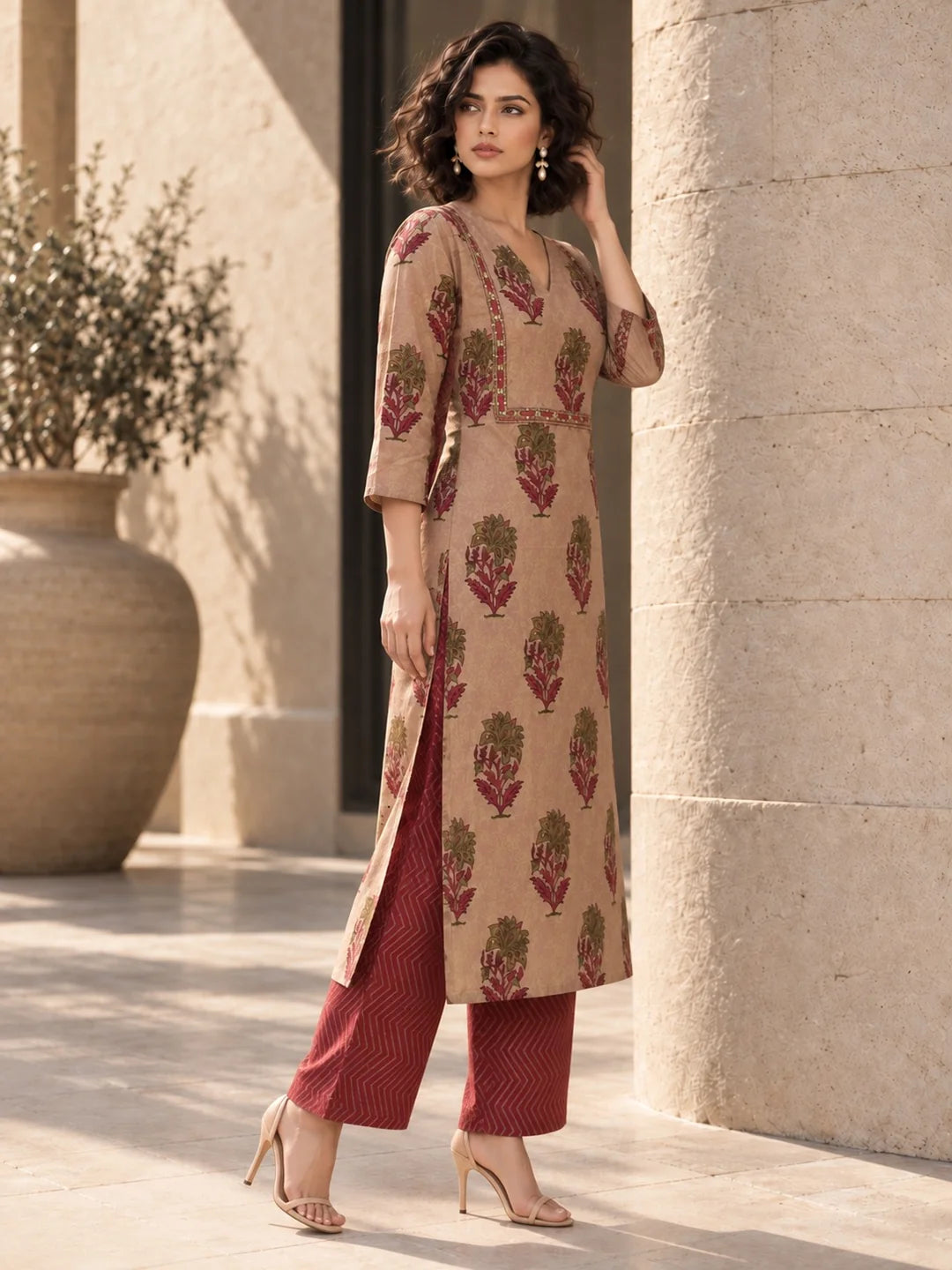 Pink Floral Buta Print Kurta Set in Cotton