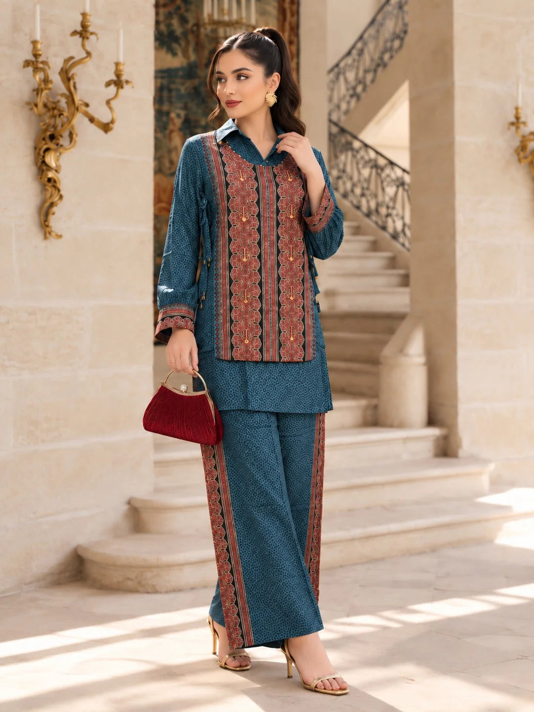 Blue & Plum Traditional Print 3-Piece Co-ord Set in Muslin
