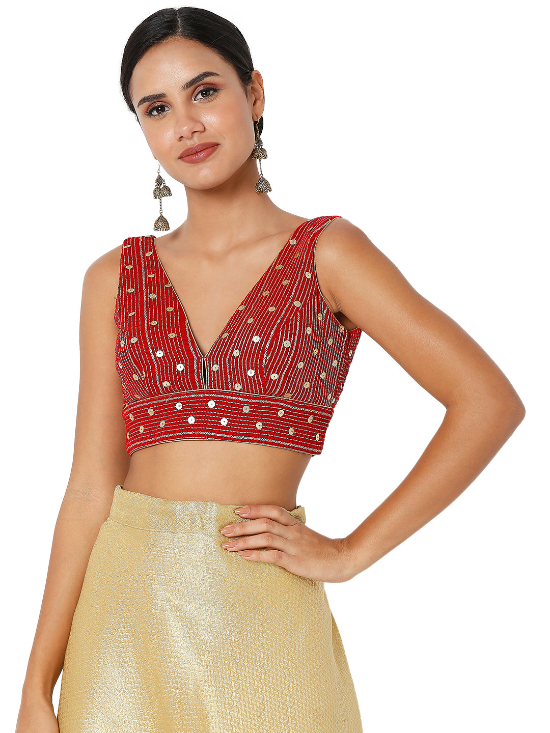 Velvet Sequence Lines V Neck Blouse