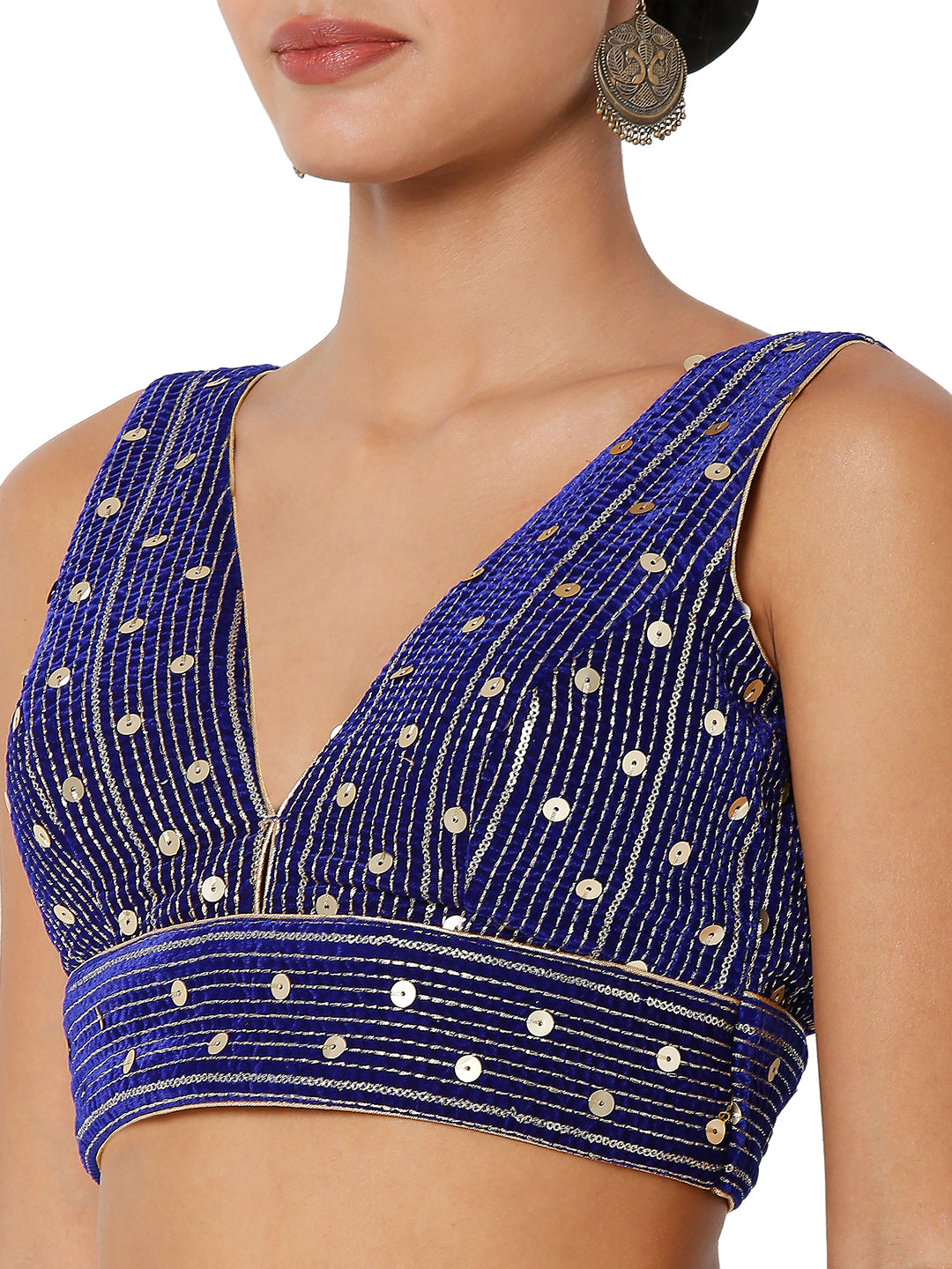Velvet Sequence Lines V Neck Blouse