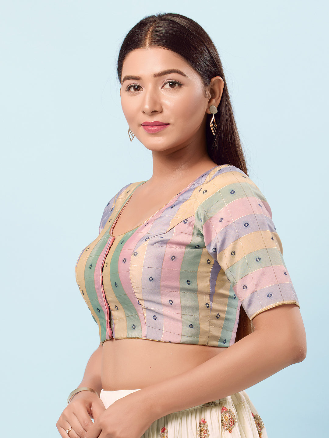 Multi Checks South Indian Saree Front Open Blouse