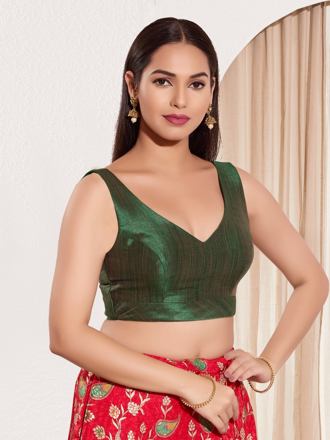 Vamas V Neck Yoke Solid Sleeveless Blouse