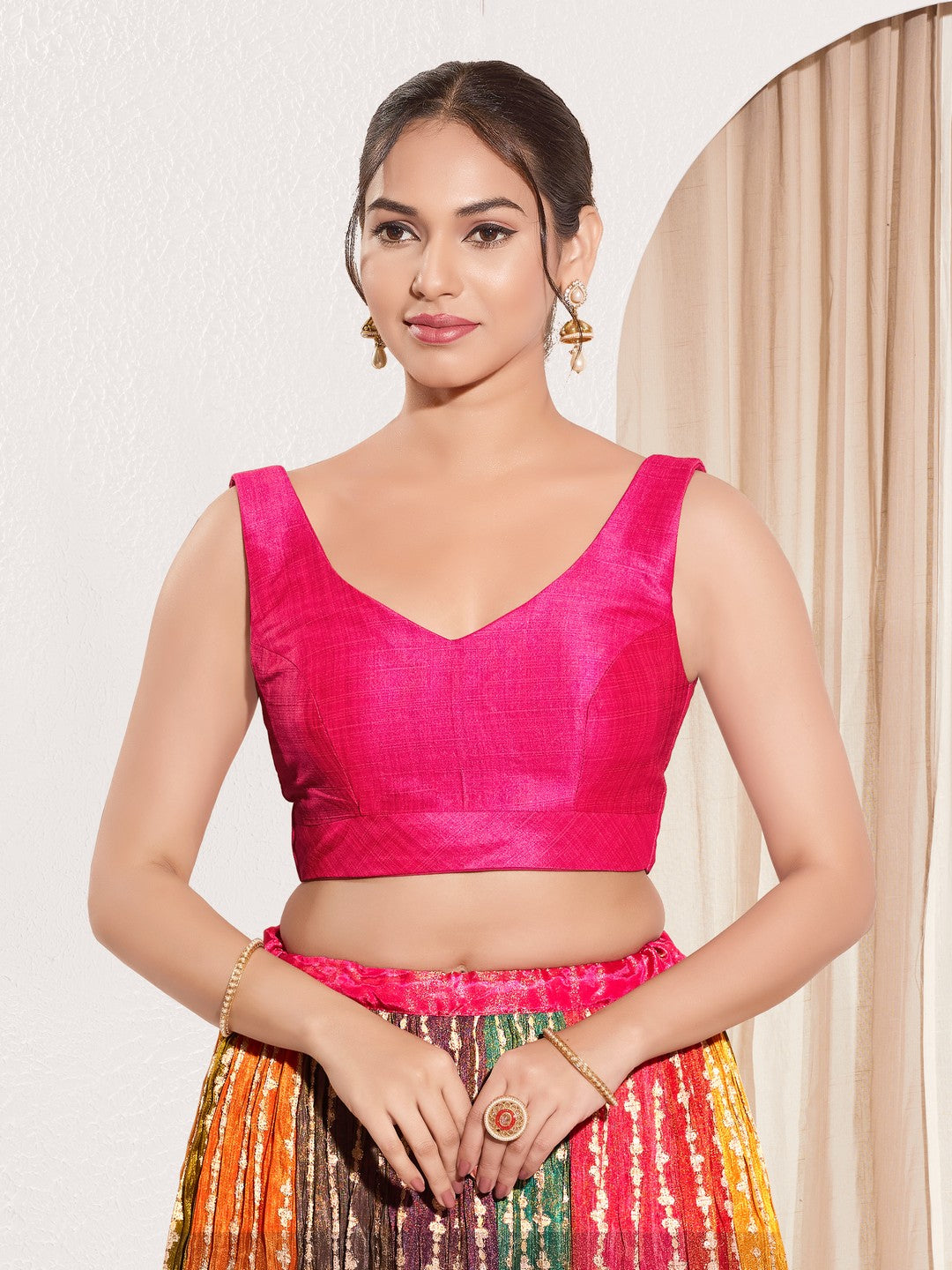 Vamas V Neck Yoke Solid Sleeveless Blouse