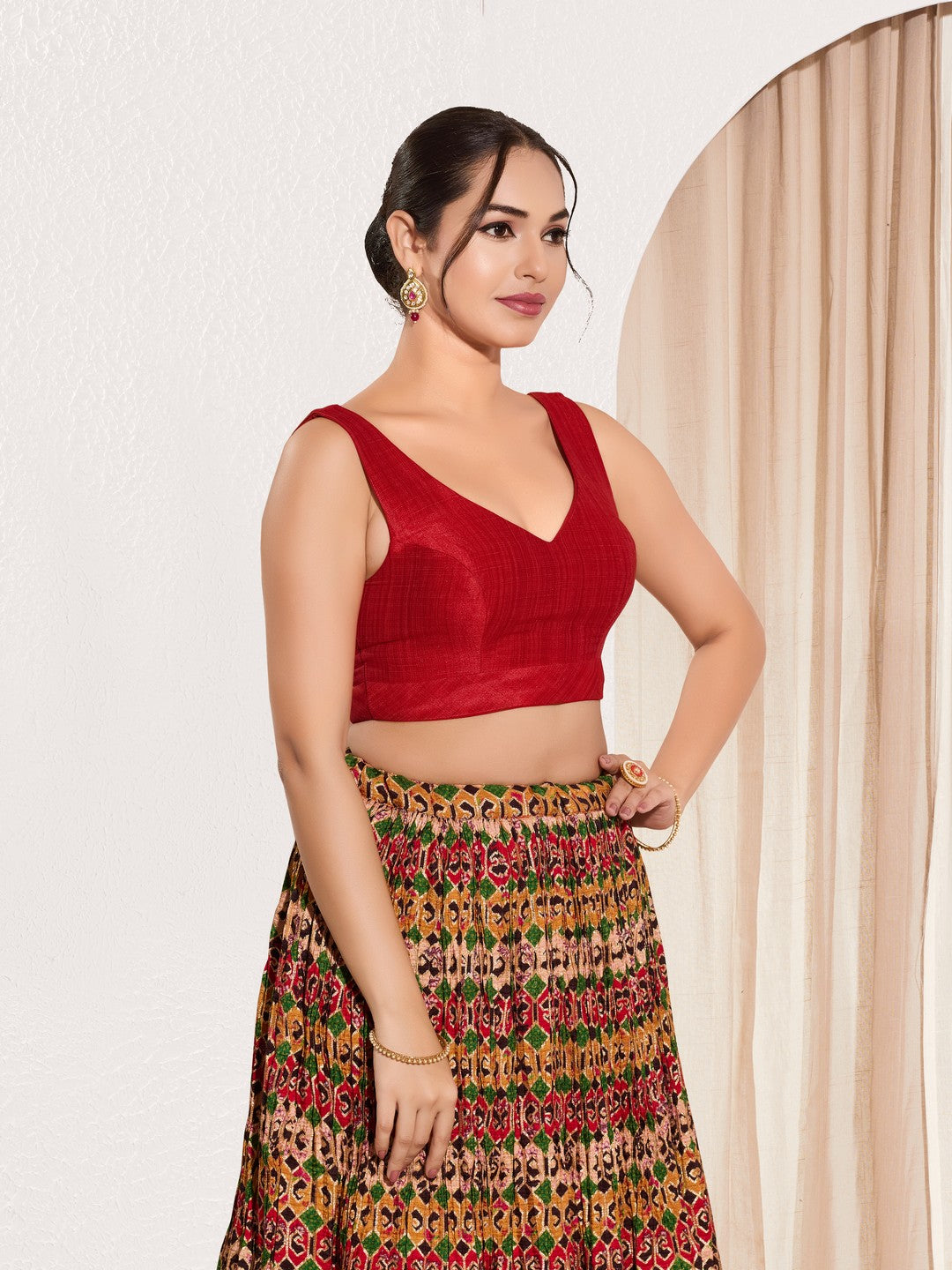 Vamas V Neck Yoke Solid Sleeveless Blouse