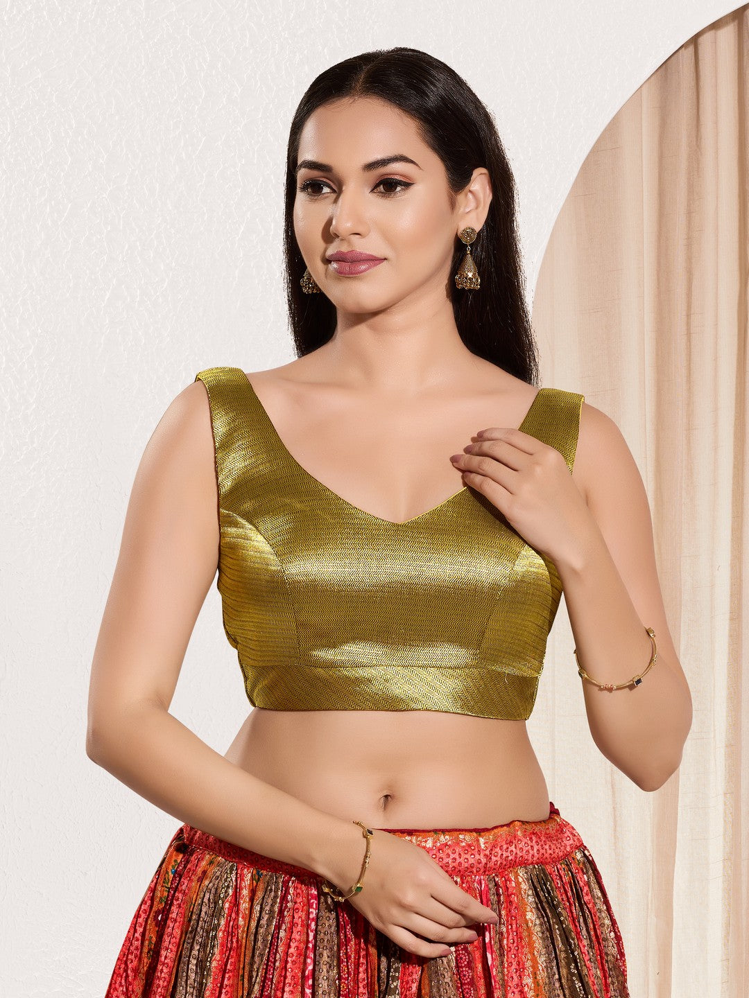 Vamas Shimmer V Neck Yoke Solid Sleeveless Blouse