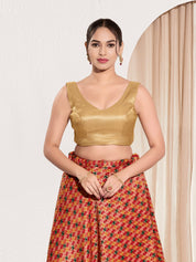 Vamas Shimmer V Neck Yoke Solid Sleeveless Blouse