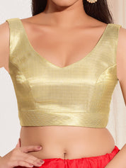 Vamas Shimmer V Neck Yoke Solid Sleeveless Blouse