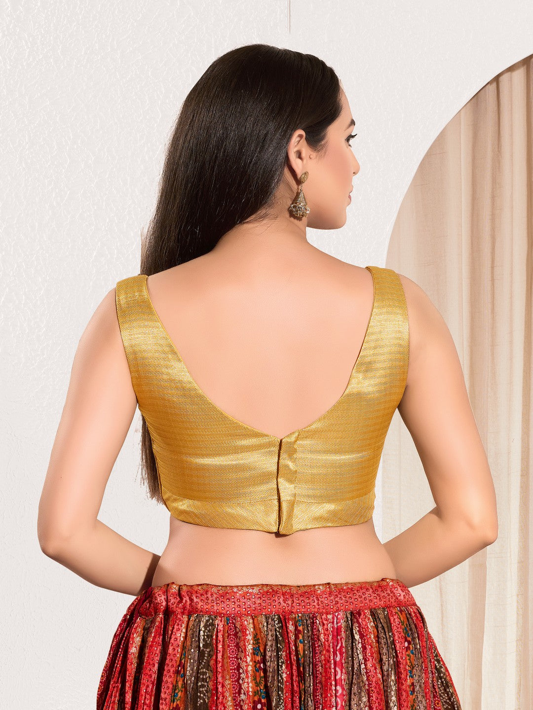 Vamas Shimmer V Neck Yoke Solid Sleeveless Blouse