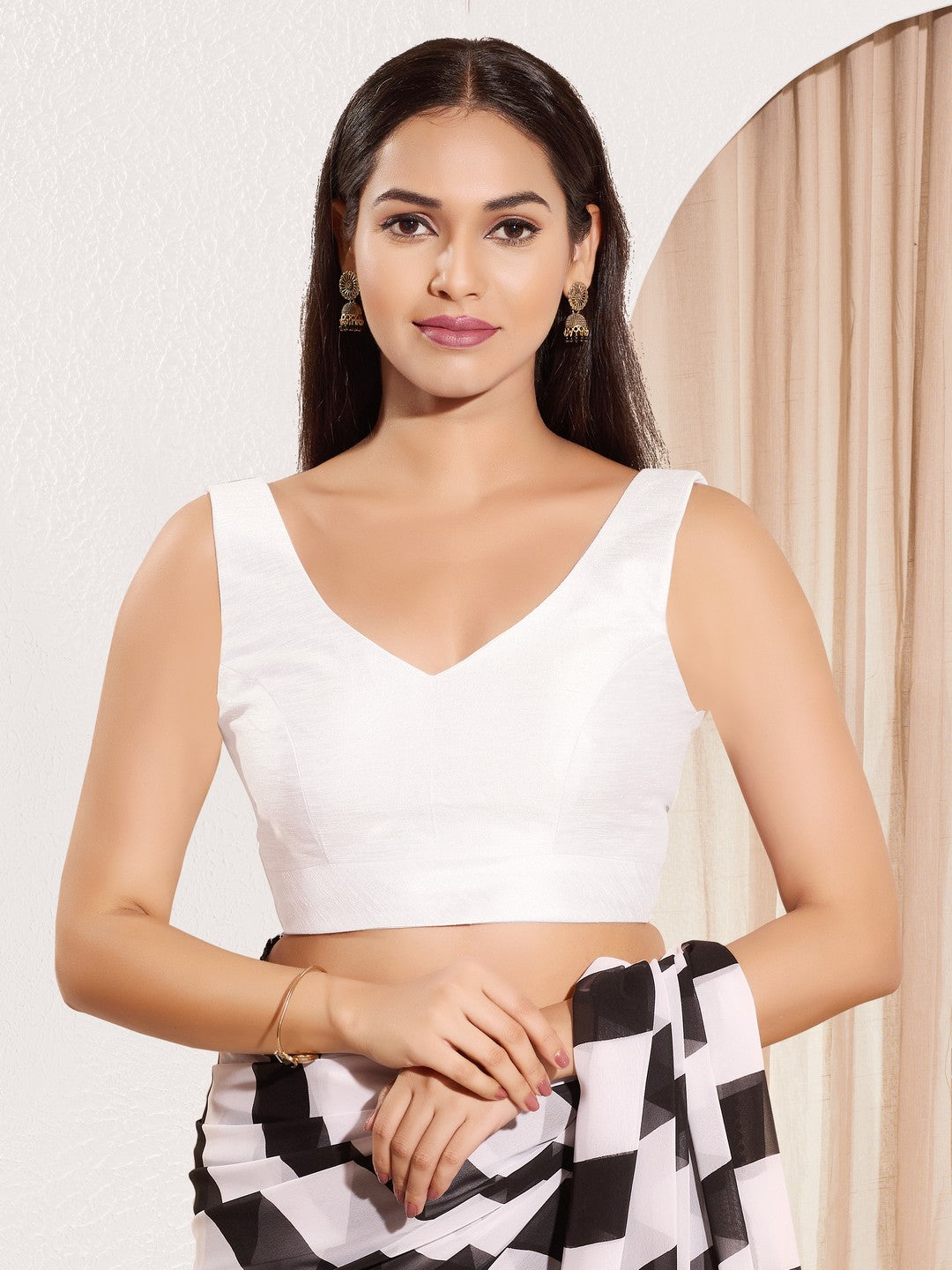Vamas V Neck Yoke Solid Sleeveless Blouse