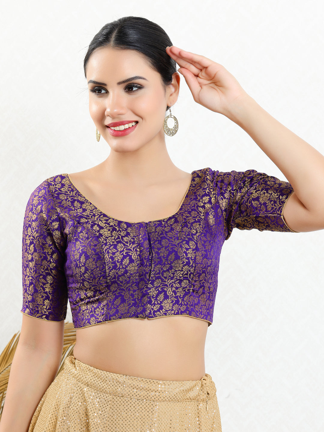 Vamas Brocade Essential Front Open Round Neck Blouse