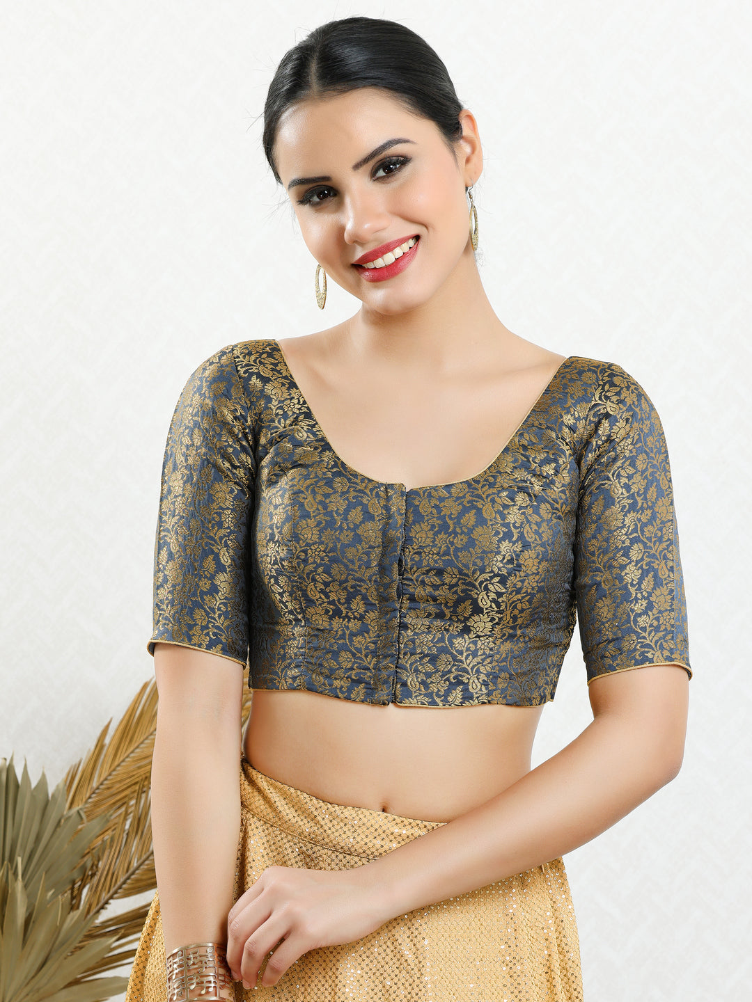 Vamas Brocade Essential Front Open Round Neck Blouse