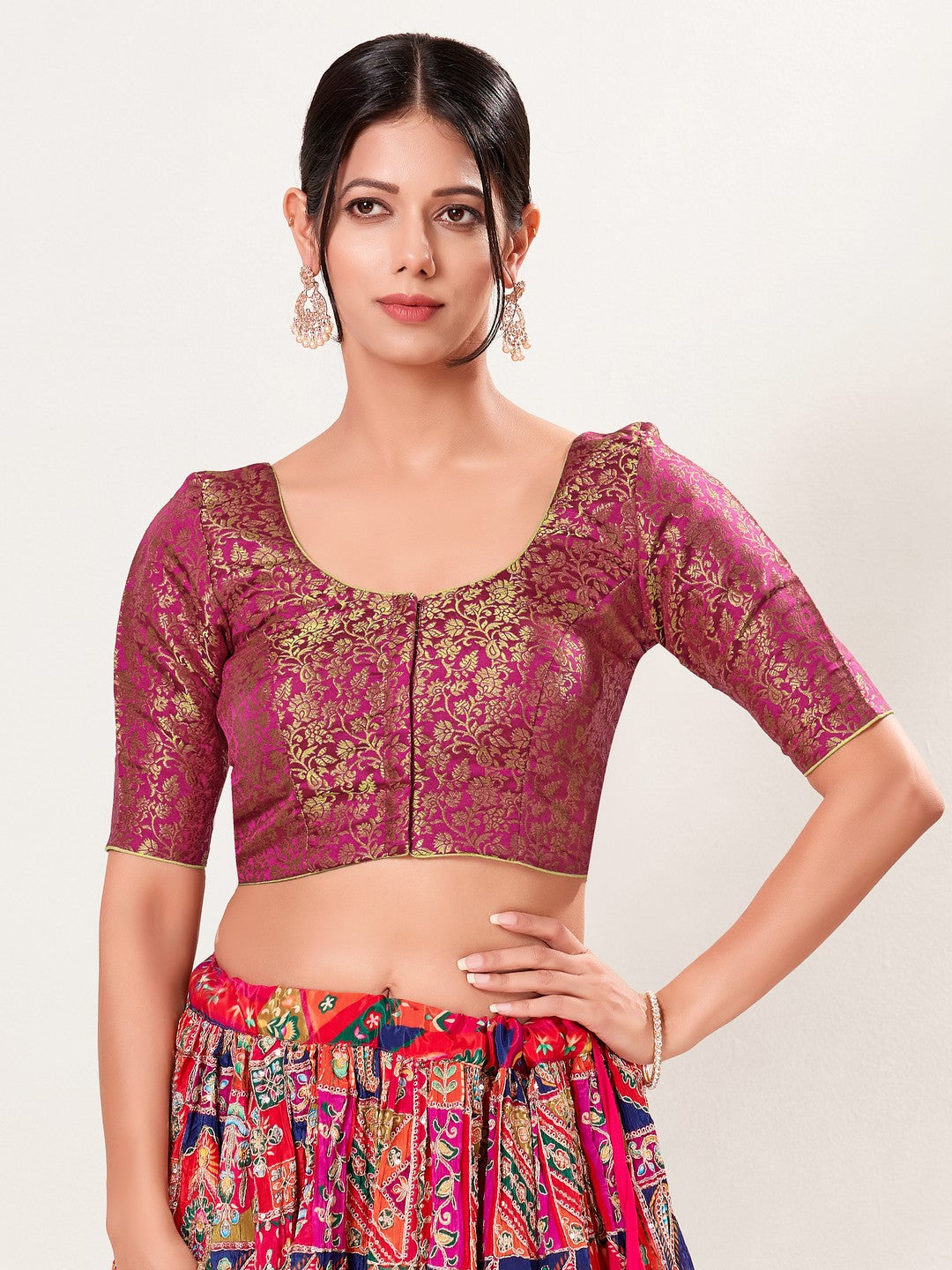 Vamas Brocade Essential Front Open Round Neck Blouse