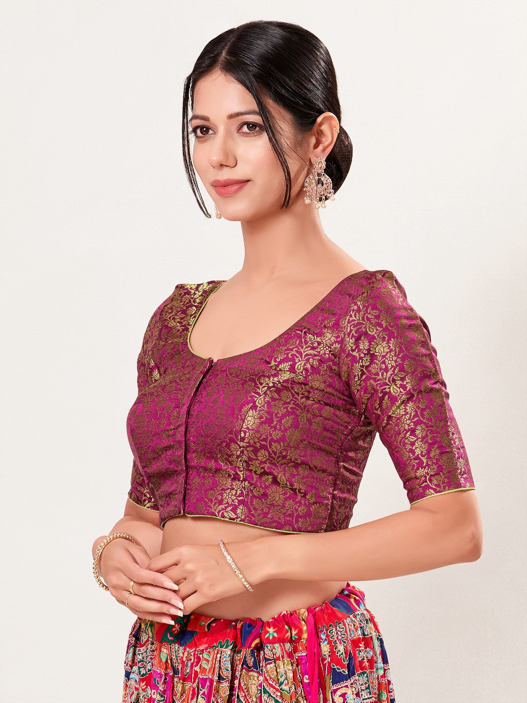 Vamas Brocade Essential Front Open Round Neck Blouse