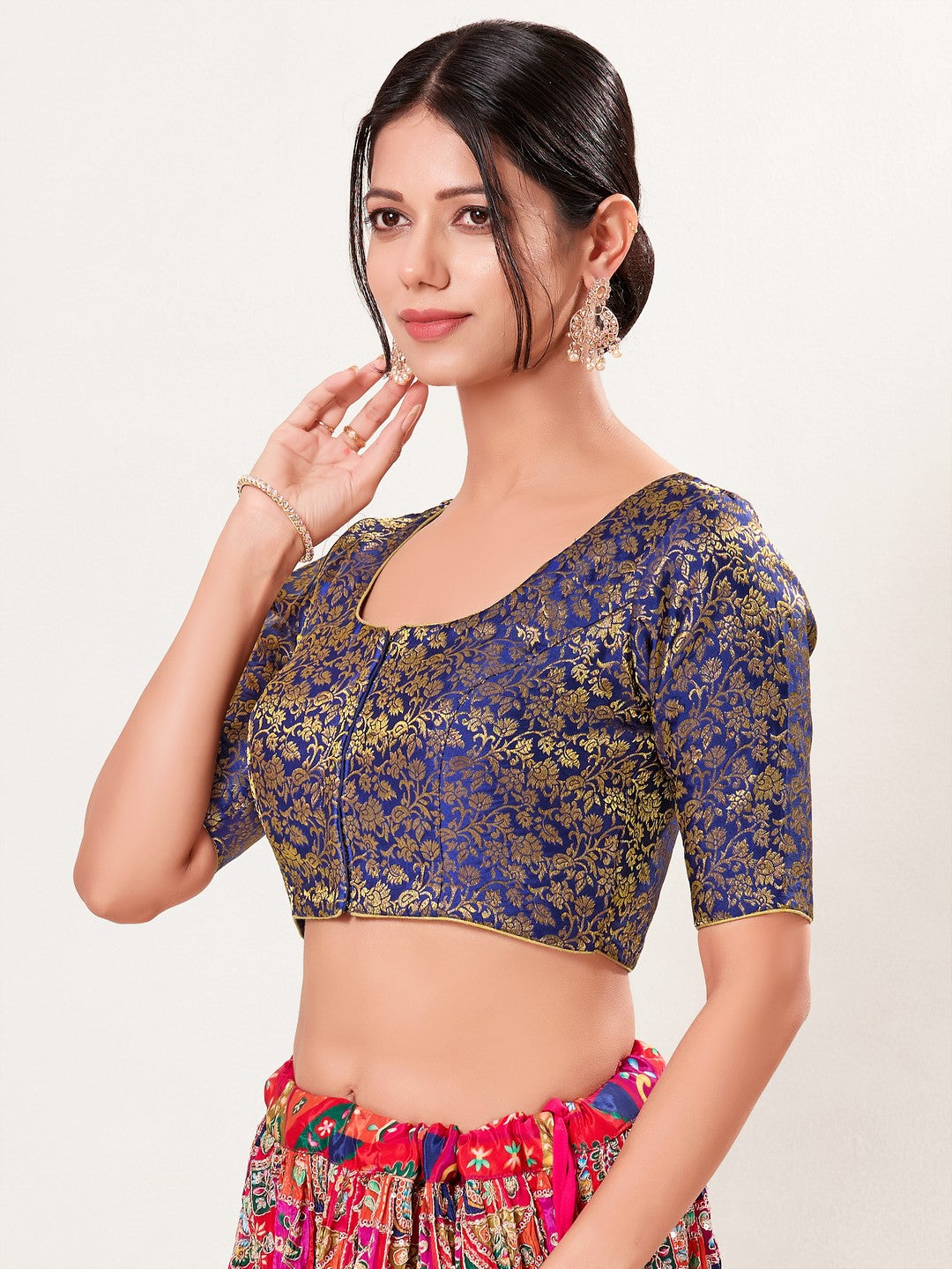 Vamas Brocade Essential Front Open Round Neck Blouse