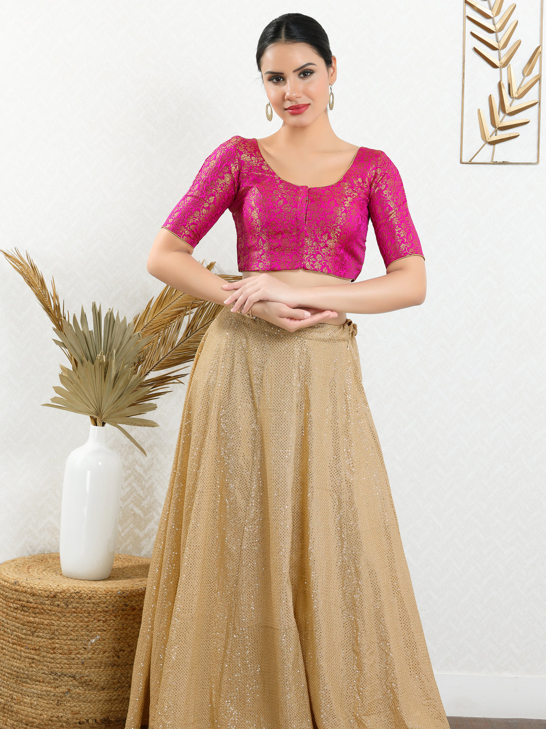 Vamas Brocade Essential Front Open Round Neck Blouse