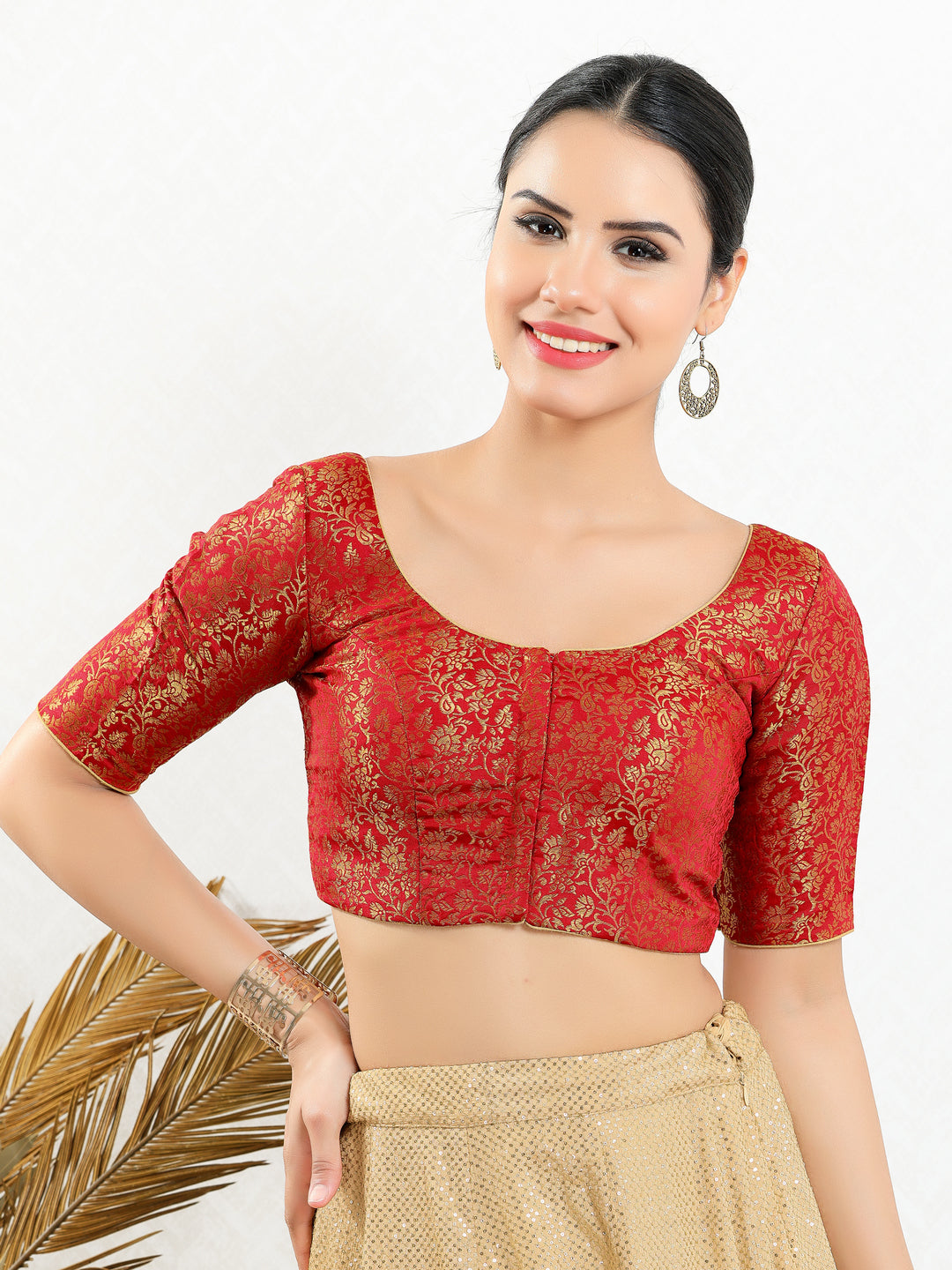 Vamas Brocade Essential Front Open Round Neck Blouse
