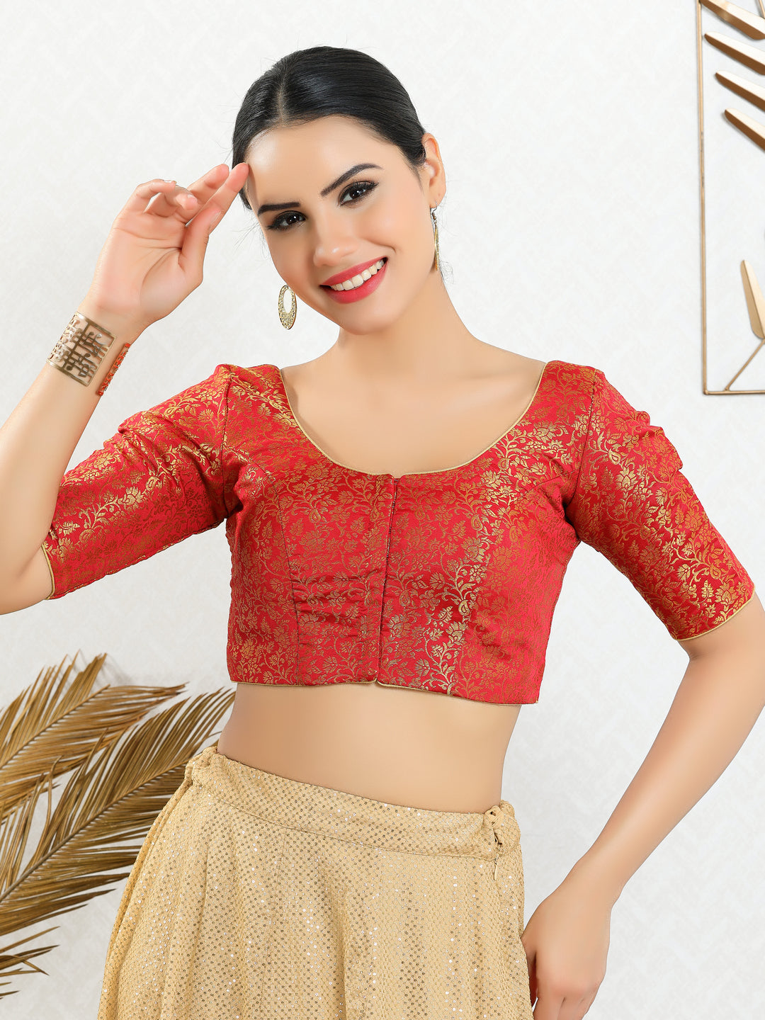 Vamas Brocade Essential Front Open Round Neck Blouse