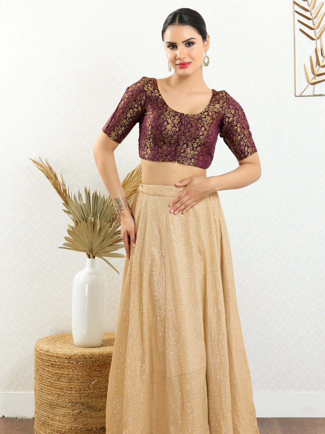 Vamas Brocade Essential Front Open Round Neck Blouse