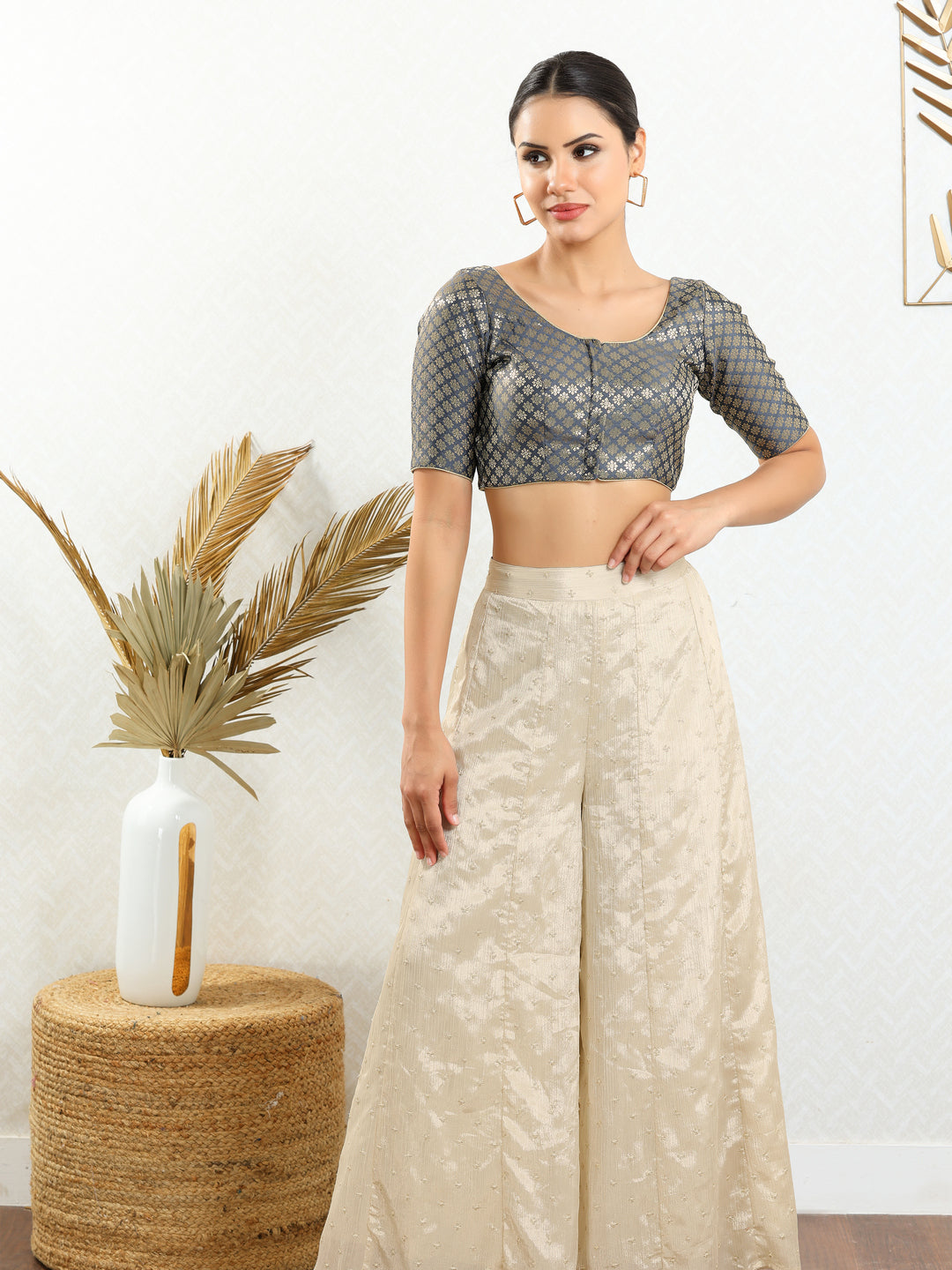 Vamas Brocade Flower Butti Round Neck Blouse
