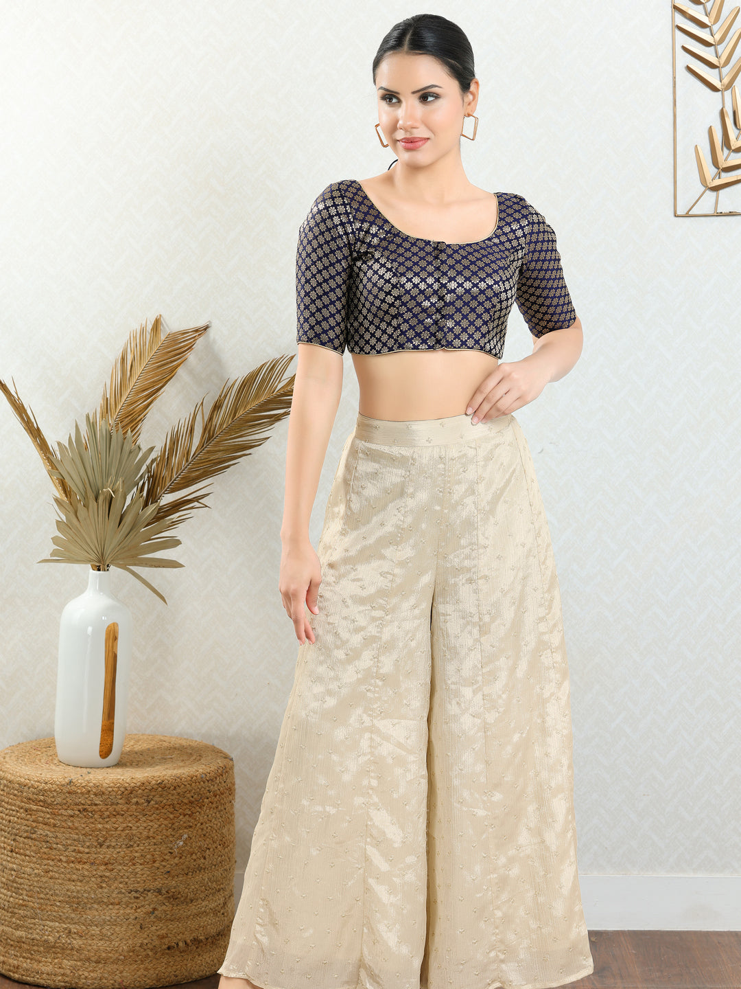 Vamas Brocade Flower Butti Round Neck Blouse