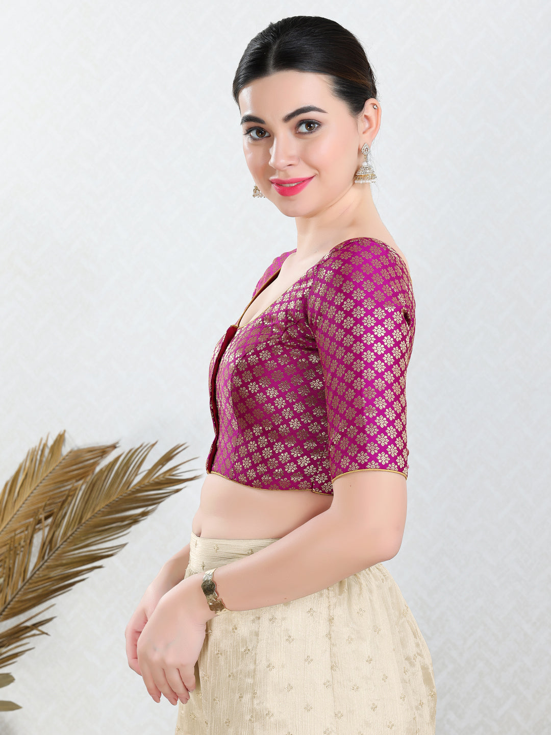 Vamas Brocade Flower Butti Round Neck Blouse