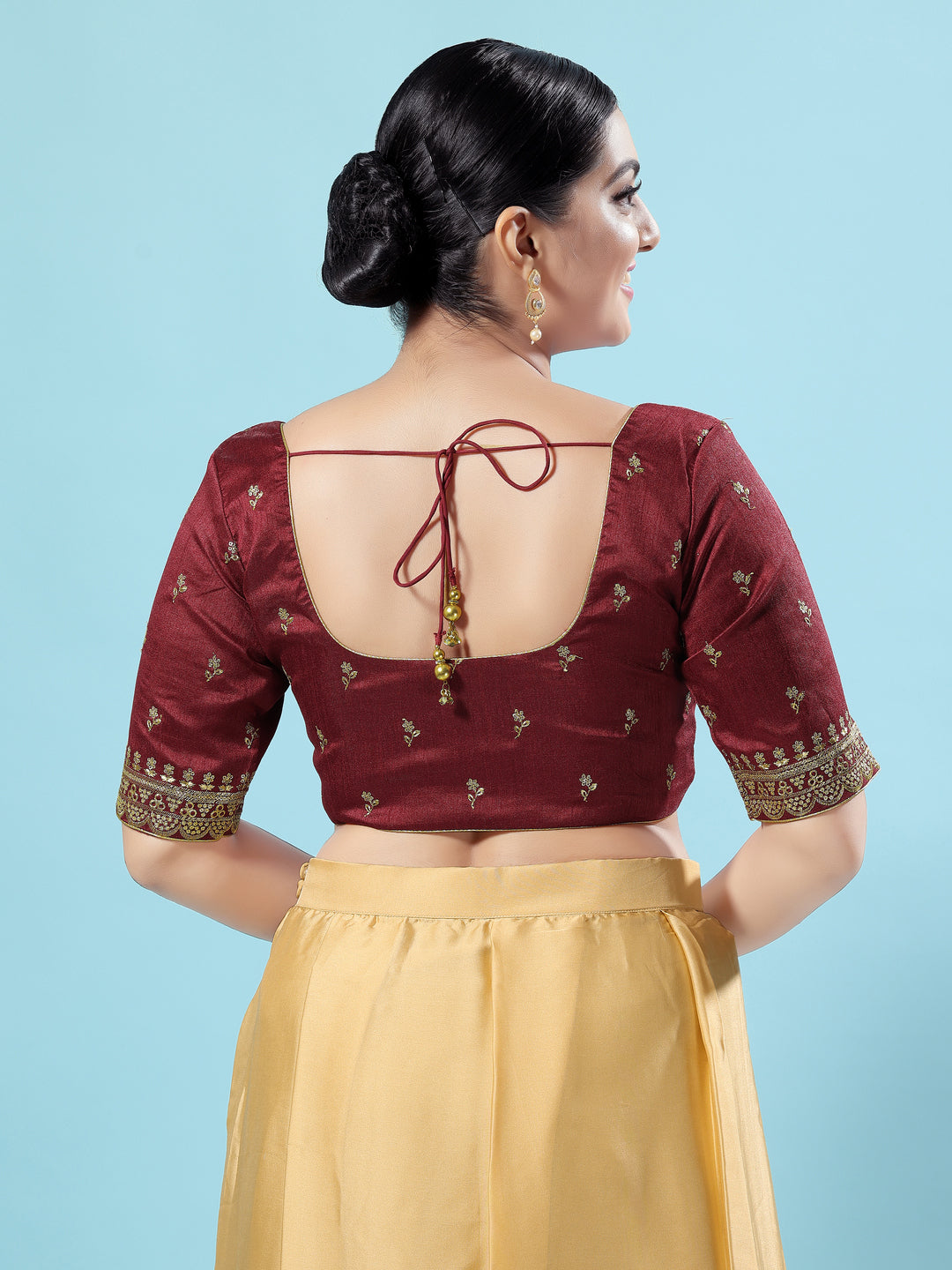 Dupion Silk Scallop Embroidery Sleeves Blouse