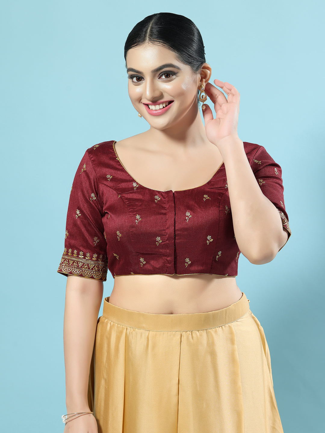 Dupion Silk Scallop Embroidery Sleeves Blouse