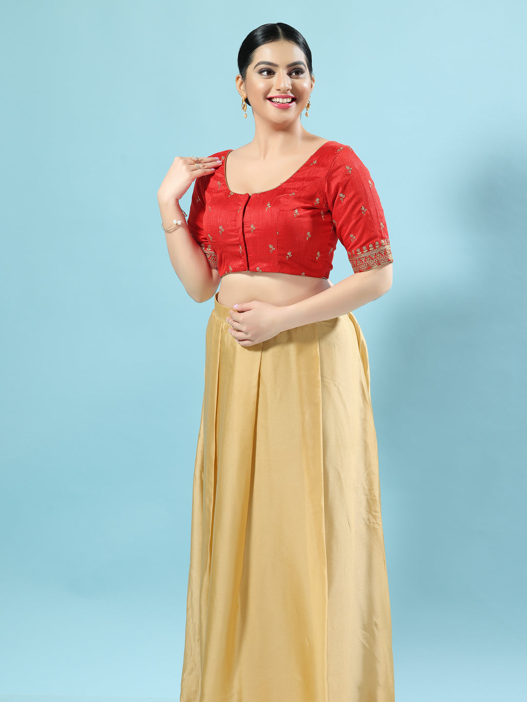Dupion Silk Scallop Embroidery Sleeves Blouse
