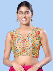 V Neck Multi Embroidery Sleeeveless Blouse