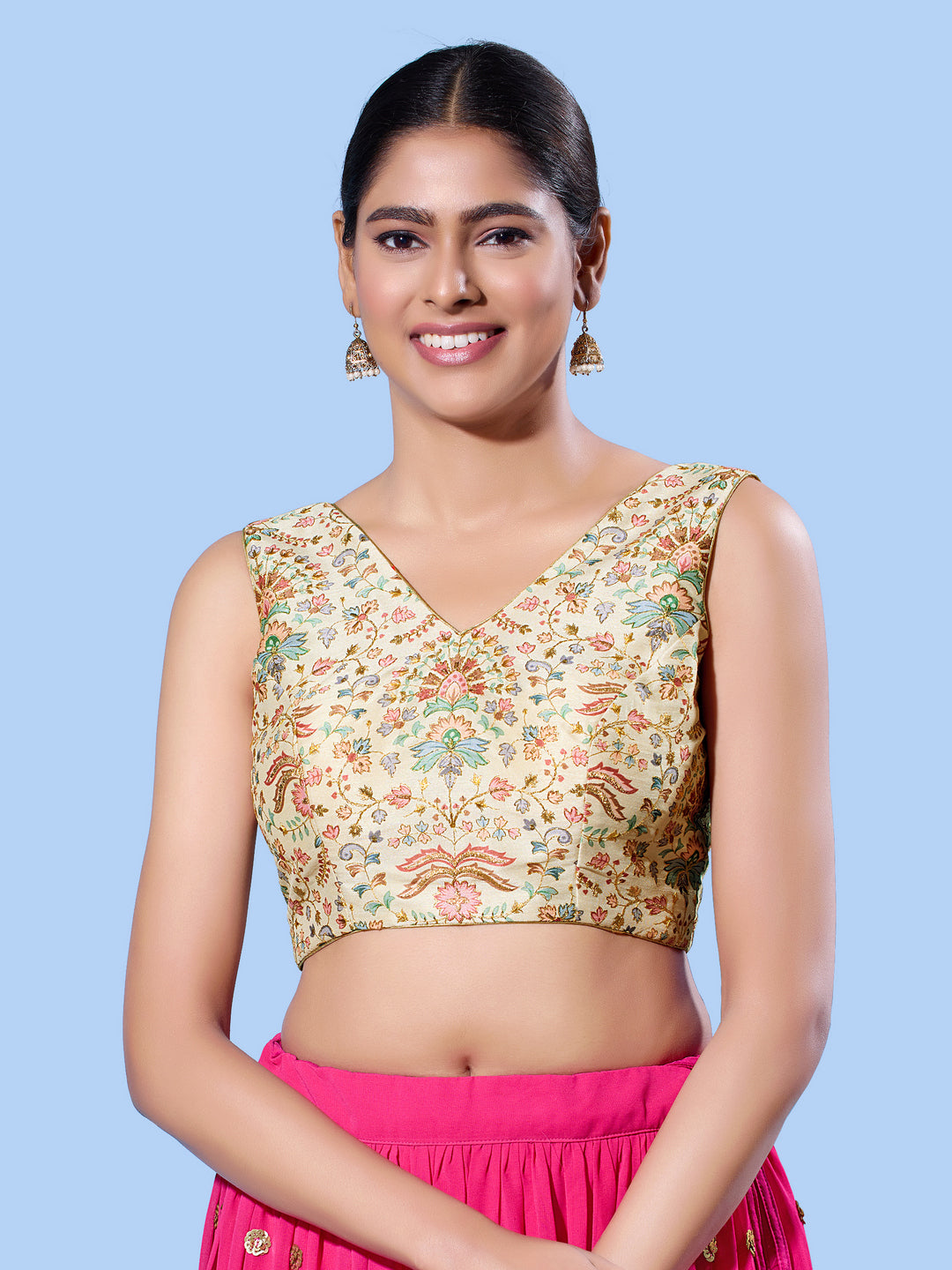 V Neck Multi Embroidery Sleeeveless Blouse
