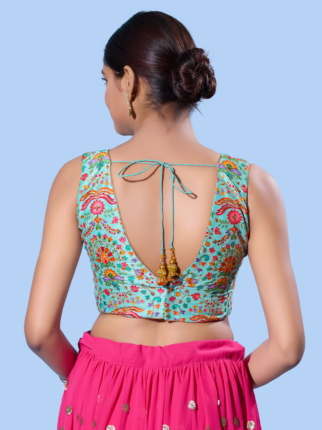 V Neck Multi Embroidery Sleeeveless Blouse