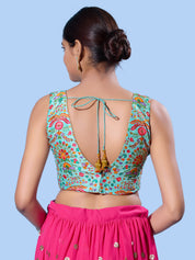 V Neck Multi Embroidery Sleeeveless Blouse