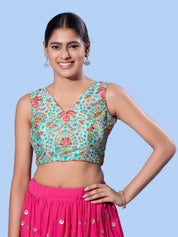 V Neck Multi Embroidery Sleeeveless Blouse