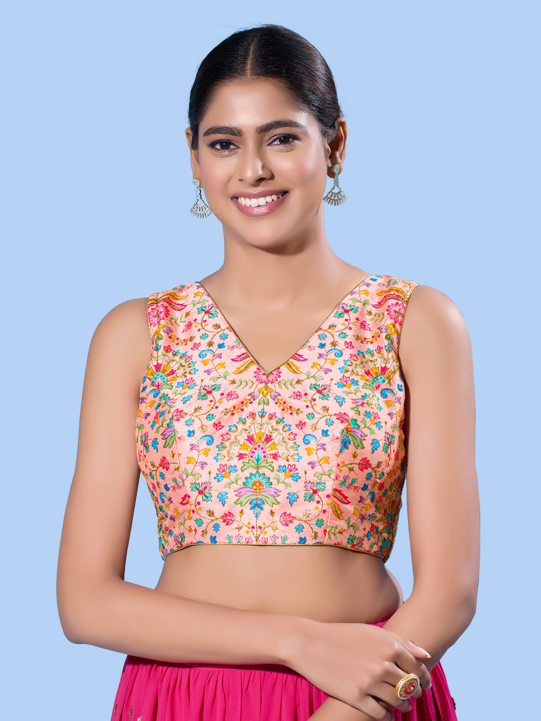 V Neck Multi Embroidery Sleeeveless Blouse
