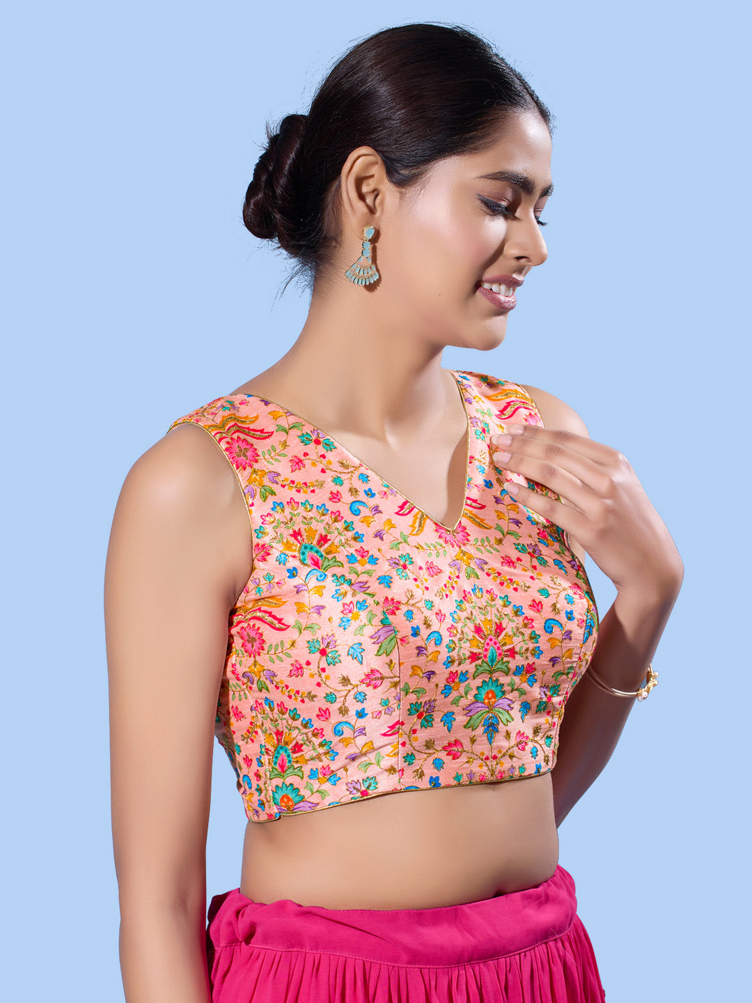 V Neck Multi Embroidery Sleeeveless Blouse