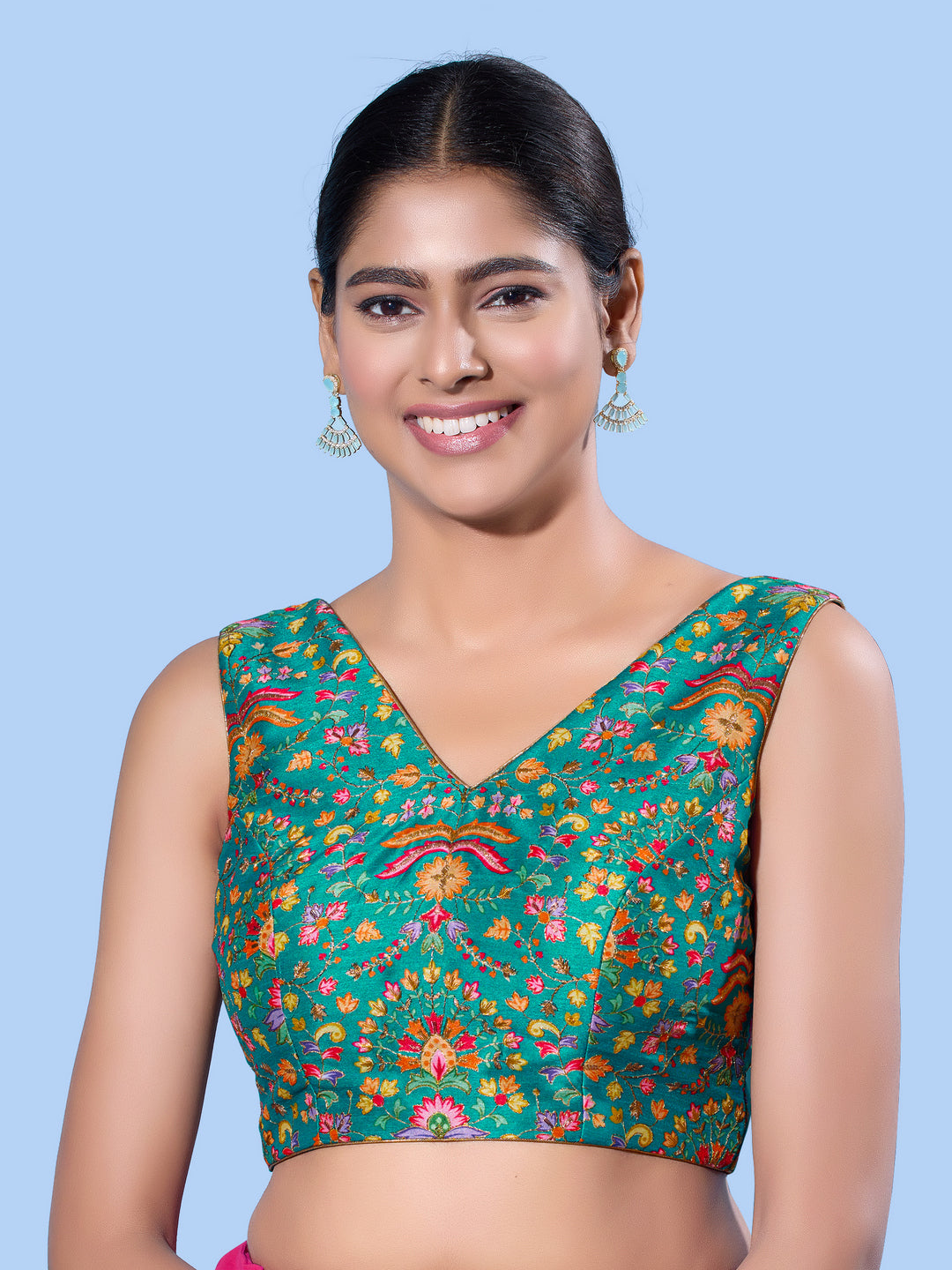 V Neck Multi Embroidery Sleeeveless Blouse