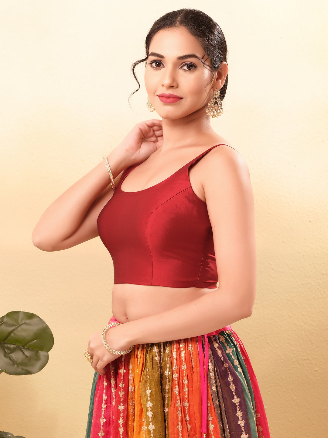 Vamas Tafetta Silk Round Neck Thin Strap Sleeveless Blouse