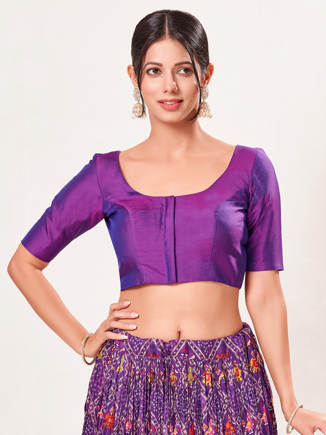 Vamas Tafetta Silk Round Neck Elbow Sleeves Blouse