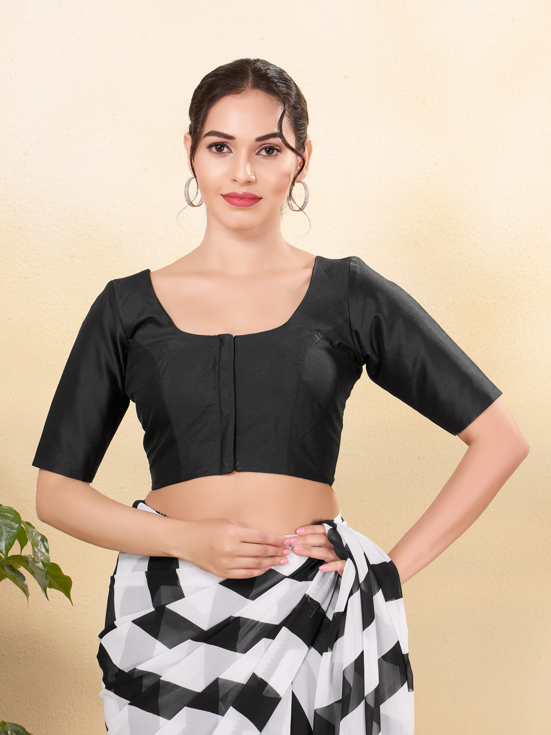 Vamas Tafetta Silk Round Neck Elbow Sleeves Blouse