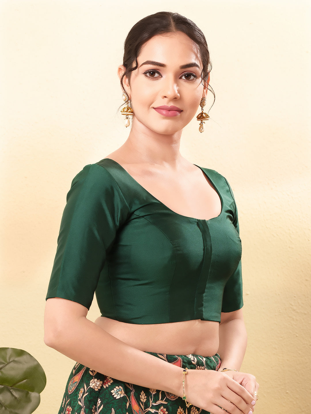 Vamas Tafetta Silk Round Neck Elbow Sleeves Blouse