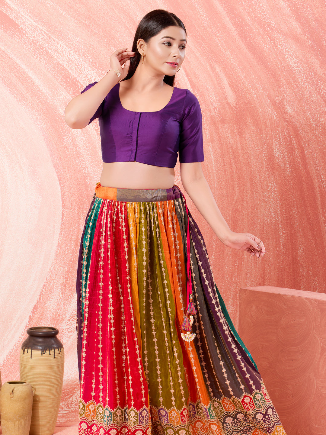 Vamas Tafetta Silk Round Neck Elbow Sleeves Blouse