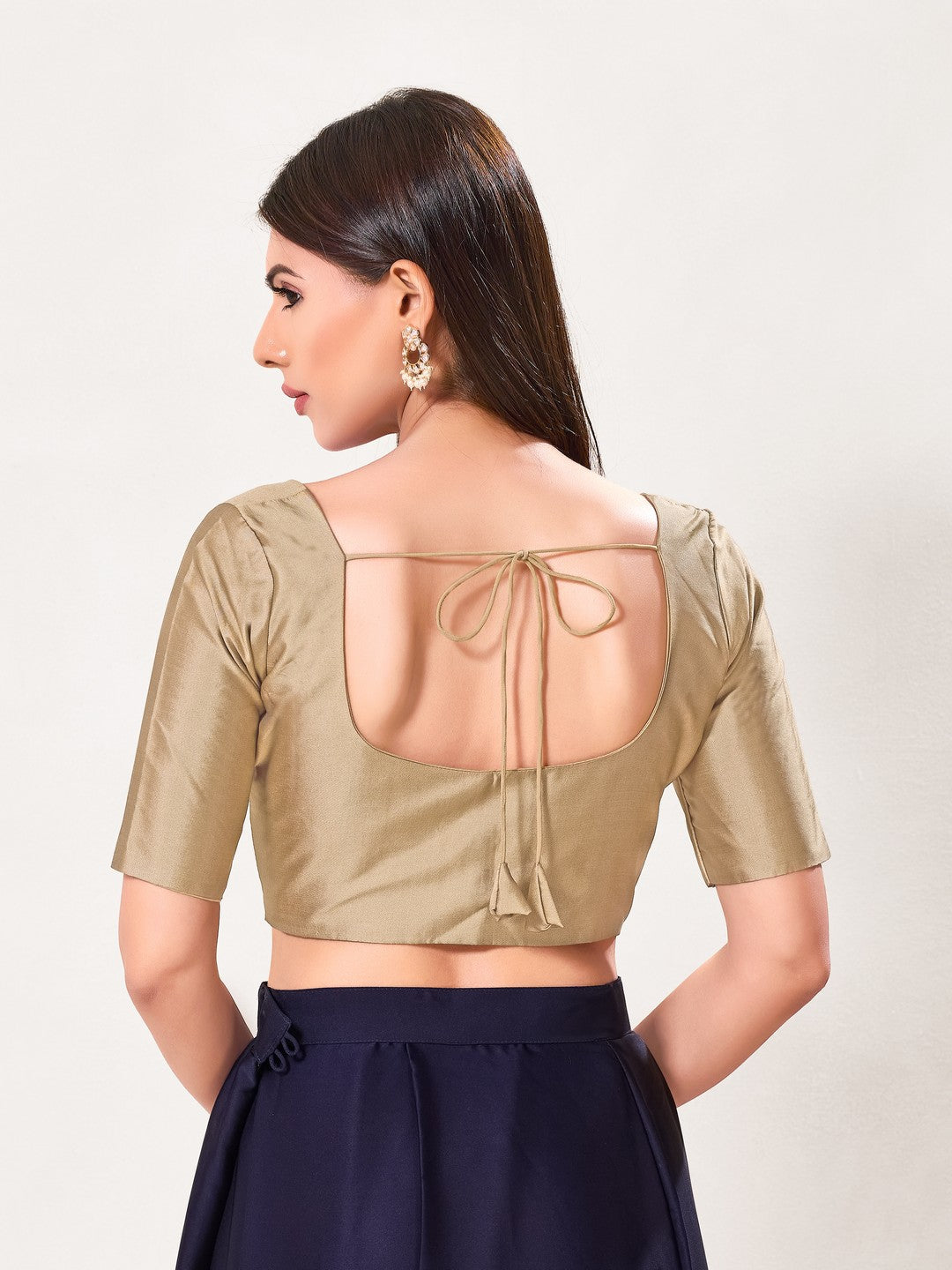 Vamas Tafetta Silk Round Neck Elbow Sleeves Blouse