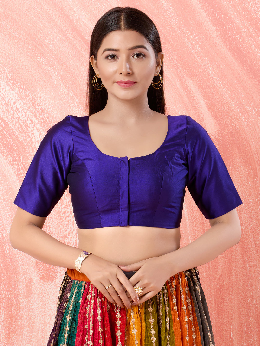 Vamas Tafetta Silk Round Neck Elbow Sleeves Blouse