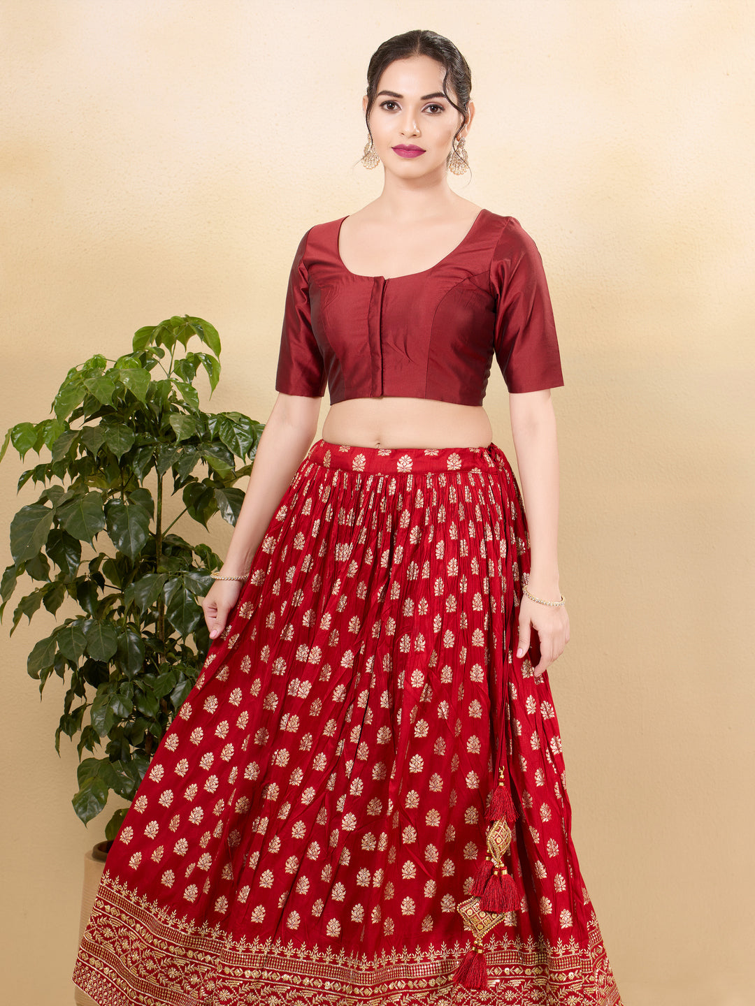 Vamas Tafetta Silk Round Neck Elbow Sleeves Blouse