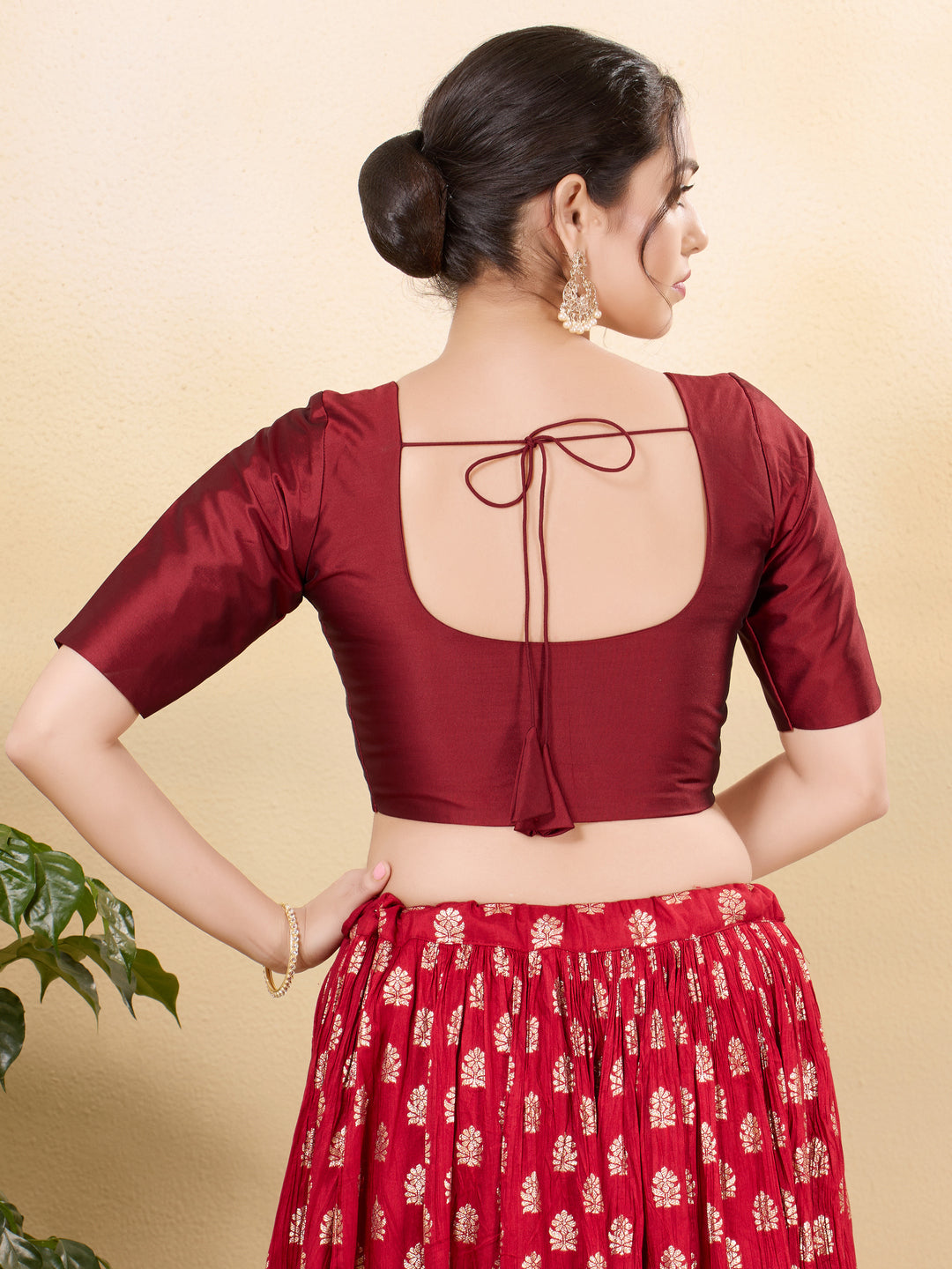 Vamas Tafetta Silk Round Neck Elbow Sleeves Blouse