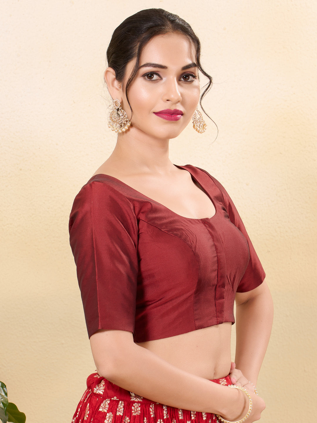 Vamas Tafetta Silk Round Neck Elbow Sleeves Blouse