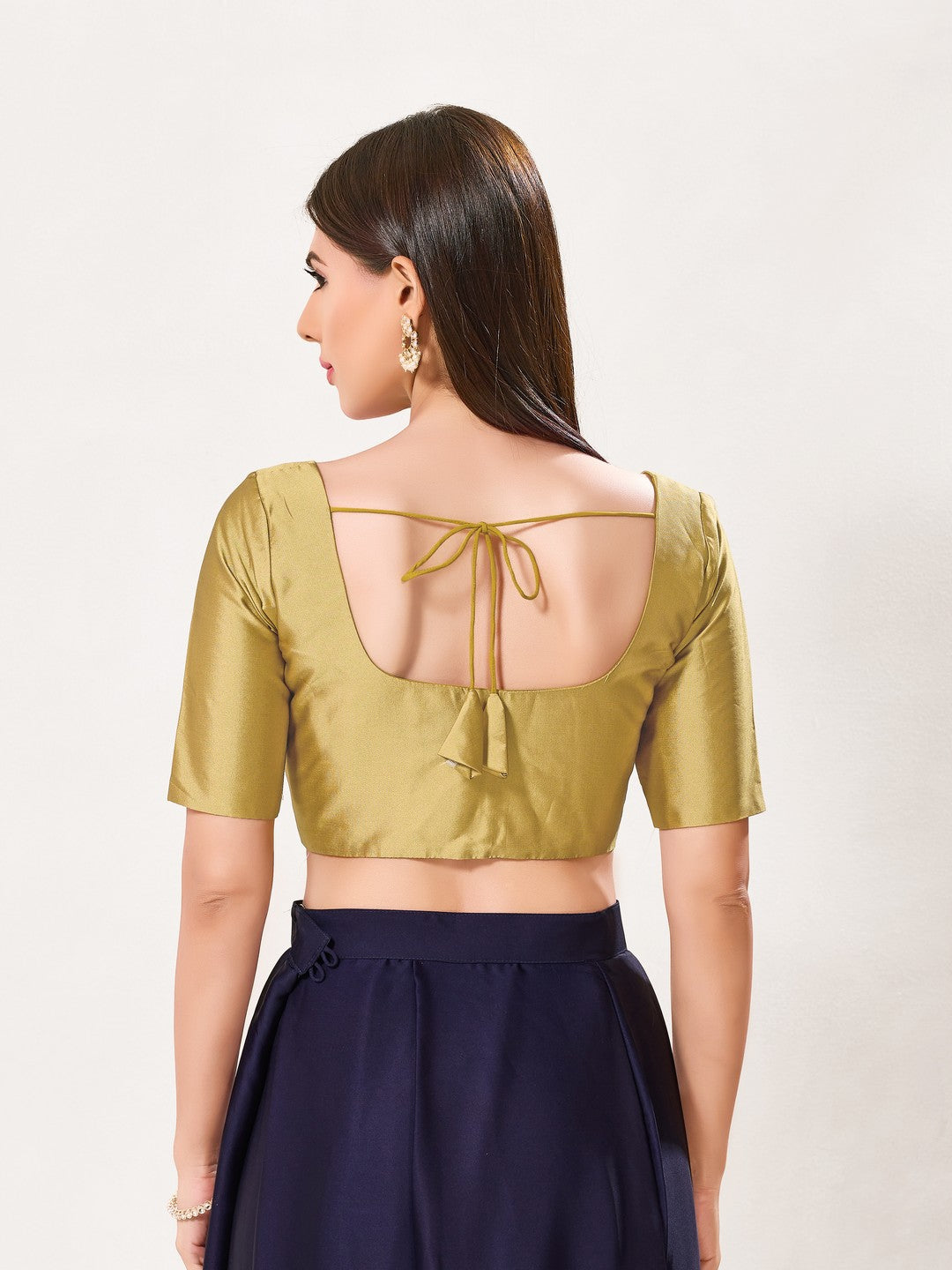 Vamas Tafetta Silk Round Neck Elbow Sleeves Blouse